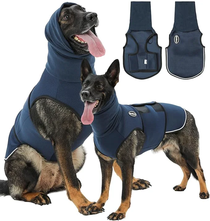 Fine Dog Anxiety Vest with Hood Skin-Friendly Thunder Jacket for Dogs All-in-One Dog Calming Shirt with Hood for Thunder Fireworks Separation - Keep Pet Calm Without Medicine Dark Blue LAbout ThisOverview Lightweight