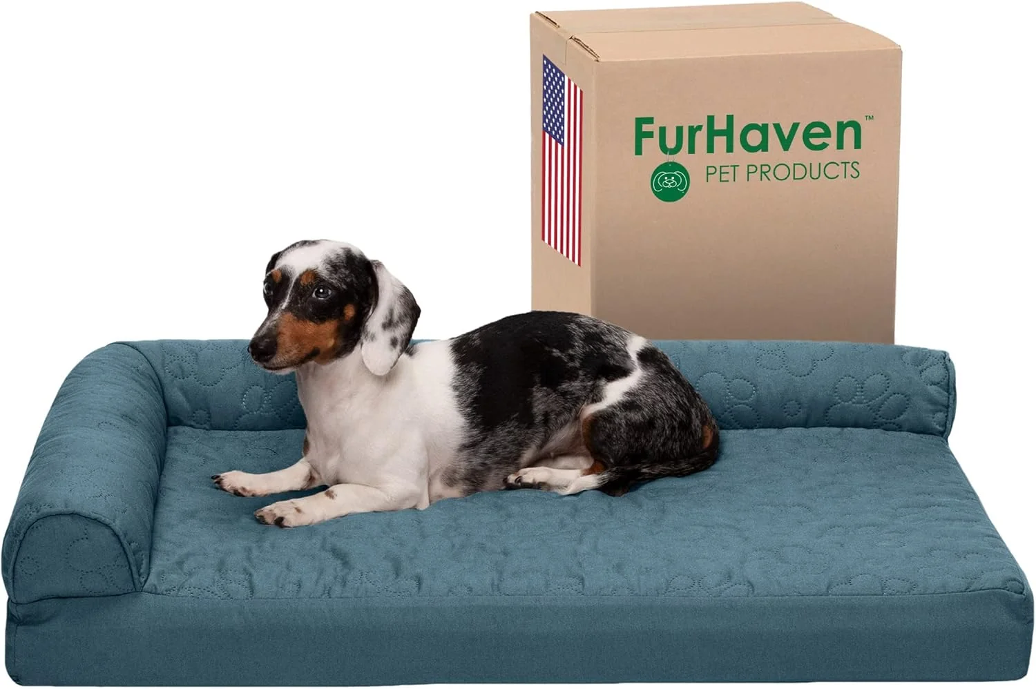 Advanced Furhaven Cooling Gel Dog Bed for Medium Small Dogs w Removable Bolsters Washable Cover For Dogs Up to 35 lbs - Pinsonic Quilted Paw L Shaped Chaise - Bluestone Medium Secure