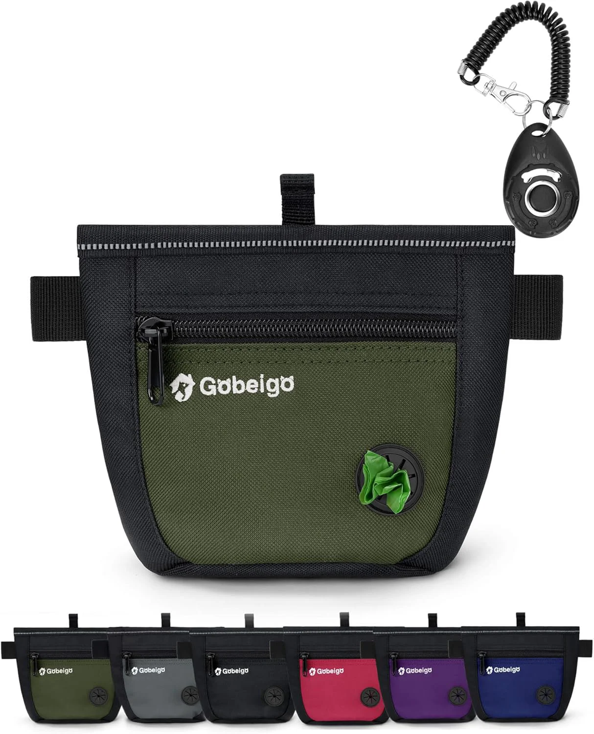 Refined Gobeigo Dog Treat Pouch and Training Clicker Upgrade Two Magnetic Closure to Prevent Spills 2 Cup Treat Bag with Poop Bag Dispenser Metal Clip Waist Belt Fanny Pack for Pet Walk Black Army Green Smart
