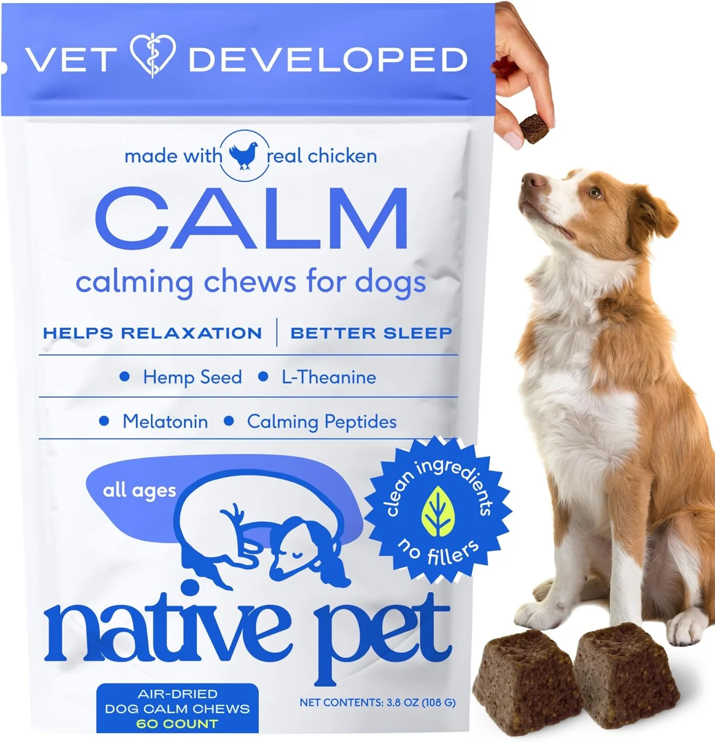 Advanced Native Pet Calming Chews for Dogs - Melatonin for Dogs Anxiety Relief - Grain All Natural Hemp Calming Treats L-Theanine Helps Manage Stress Separation Anxiety - Puppy Sleep Aid - 60 Chews Detailed