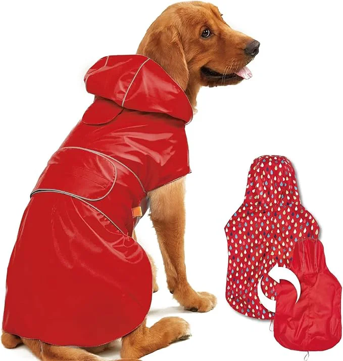Fast Dog Raincoat Reversible Single Side Slicker Poncho Adjustable Waterproof Dog Rain Jacket with Leash Hole Reflective Stripe Hooded Snowproof Windproof Clothes for Small to 3X-Large Dogs LAbout ThisOverview Original Design
