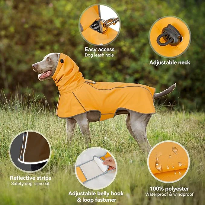 Unique Reflective Dog Raincoat Windproof Waterproof Dog Rain Jacket Adjustable Hooded Pet Poncho with Leash Hole for Small Medium Large Dogs S-2XL Yellow X-Large About ThisOverview Exclusive