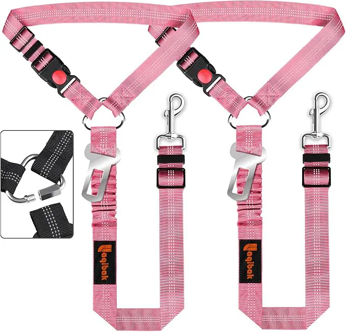 World-Class Removable Dog Seat Belt Harness for Car 3 in 1 Pet Dog Car Seatbelt Leash Retractable Restraint Secures to Vehicle Headrest Adjustable Reflective Bungee Dog Seatbelt Tether PinkAbout ThisOverview Effective