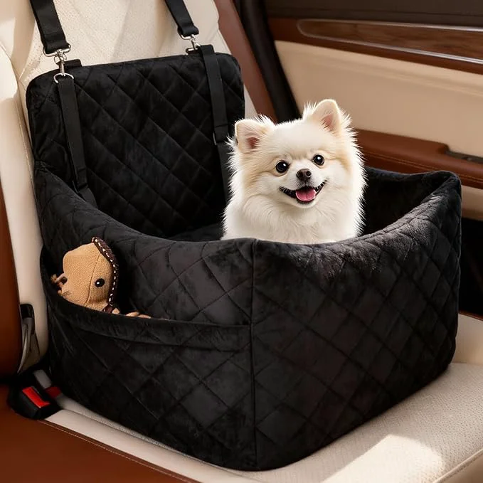 Convenient Dog Car Seat for S M Dogs Memory Foam Dog Booster Car Seat Up to 35lbs Detachable Washable Pet Travel Bed with Side Pockets and 2 Safety Belts Easy to Install Black About ThisOverview Pure
