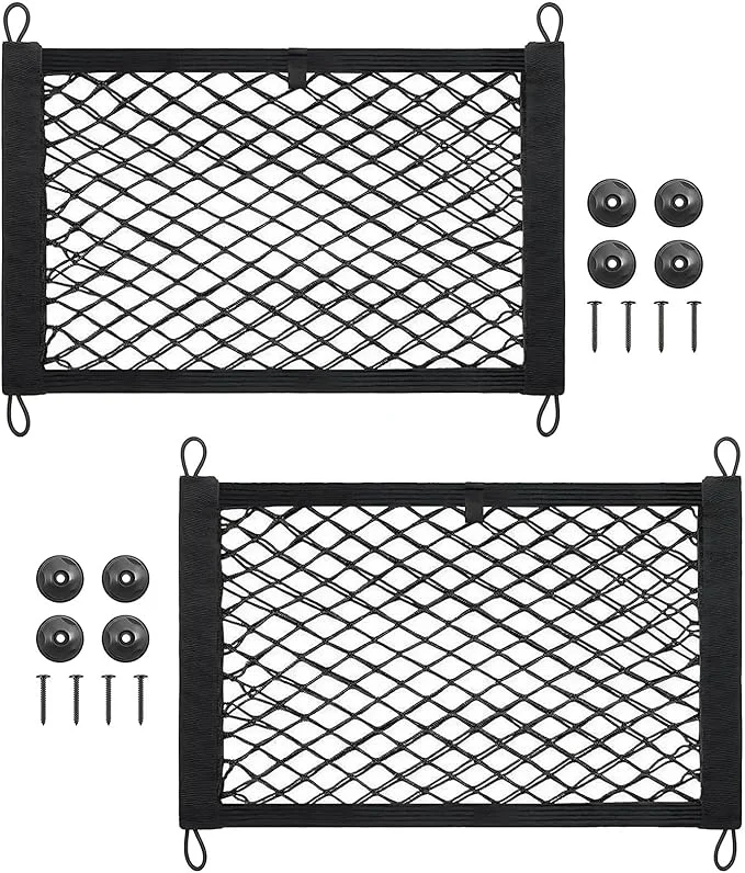 Environmentally Friendly 2 Pcs Small Cargo Net Mesh Pocket Elastic Cargo Net Stretchable Car Net Pocket Storage with 8 Mounting Screws and Hooks for SUV Car Truck RV Boat（17.7 ×9.8in）About ThisOverview Eco-Friendly