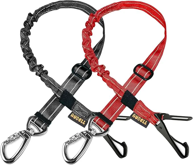 Elite AUBELL Dog Seat Belt for Car 2 Pack Set 3-in-1 Adjustable Reflective Bungee Heavy Duty Dog Car Harness Tether with Clip Hook Latch Buckle Swivel Zinc Alloy Carabiner Black RedAbout ThisOverview Practical
