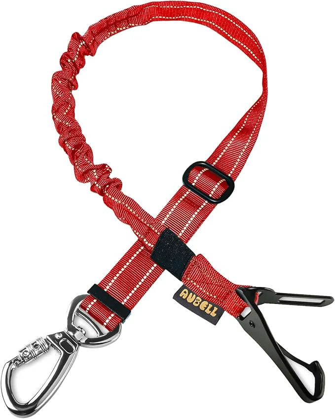 Elite AUBELL Dog Seat Belt for Car Updated 3-in-1 Adjustable Reflective Bungee Heavy Duty Dog Car Harness Tether with Clip Hook Latch Buckle Swivel Zinc Alloy Carabiner RedAbout ThisOverview Consistent