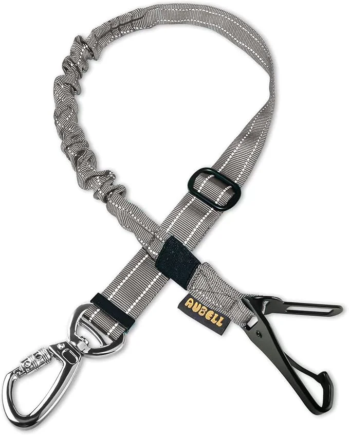 Flexible AUBELL Dog Seat Belt for Car Updated 3-in-1 Adjustable Reflective Bungee Heavy Duty Dog Car Harness Tether with Clip Hook Latch Buckle Swivel Zinc Alloy Carabiner GreyAbout ThisOverview Easy-to-Use