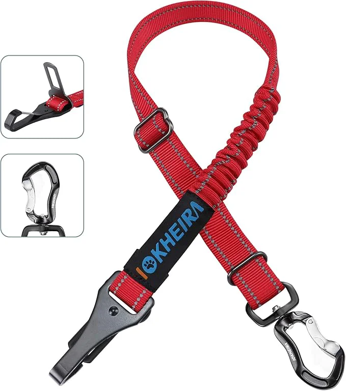 Classic IOKHEIRA Dog Seatbelt Updated Dog Seat Belt Reflective Bungee Dog Car Harness Multifunctional Pet Safety Belt with Hook Latch Seatbelt Buckle Swivel Aluminum Carabiner RedAbout ThisOverview High-End