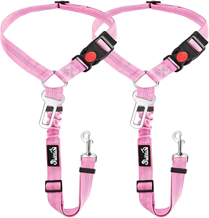 Practical SlowTon Dog Seat Belt for Car 2 Pack Dog Car Harness Seatbelt Adjustable with Elastic Bungee Buffer 2 in 1 Pet Car Leash Headrest Restraint Dog Reflective Safety Tether Pink Headrest Clip About ThisOverview Reusable