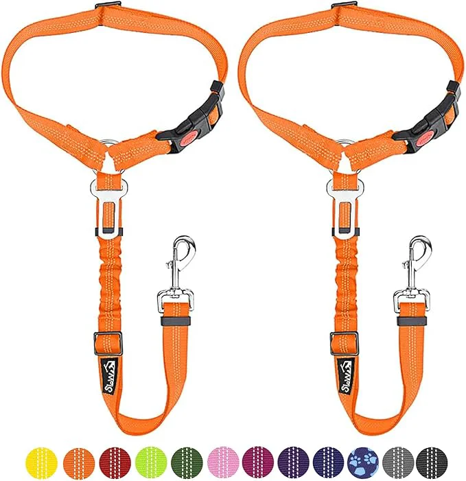 Flexible SlowTon Dog Seat Belt for Car 2 Pack Dog Car Harness Seatbelt Adjustable with Elastic Bungee Buffer 2 in 1 Pet Car Leash Headrest Restraint Dog Reflective Safety Tether Orange Headrest Clip About ThisOverview Soft