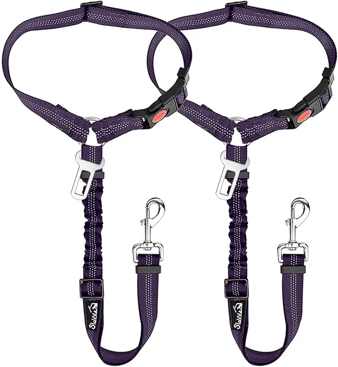 Exclusive SlowTon Dog Seat Belt for Car 2 Pack Dog Car Harness Seatbelt Adjustable with Elastic Bungee Buffer 2 in 1 Pet Car Leash Headrest Restraint Dog Reflective Safety Tether Purple Headrest Clip About ThisOverview Specialty