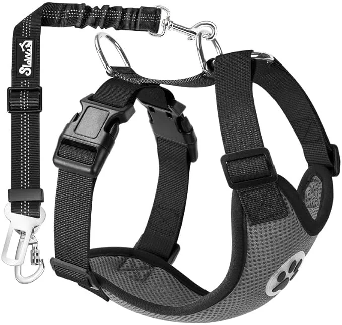 Consistent SlowTon Dog Seat Belt Harness for Car Dog Car Harness Adjustable Mesh Breathable Dog Seatbelt Safety Tether with Elastic Bungee for Small Medium Large Pets Grey Double Clip M About ThisOverview Reusable