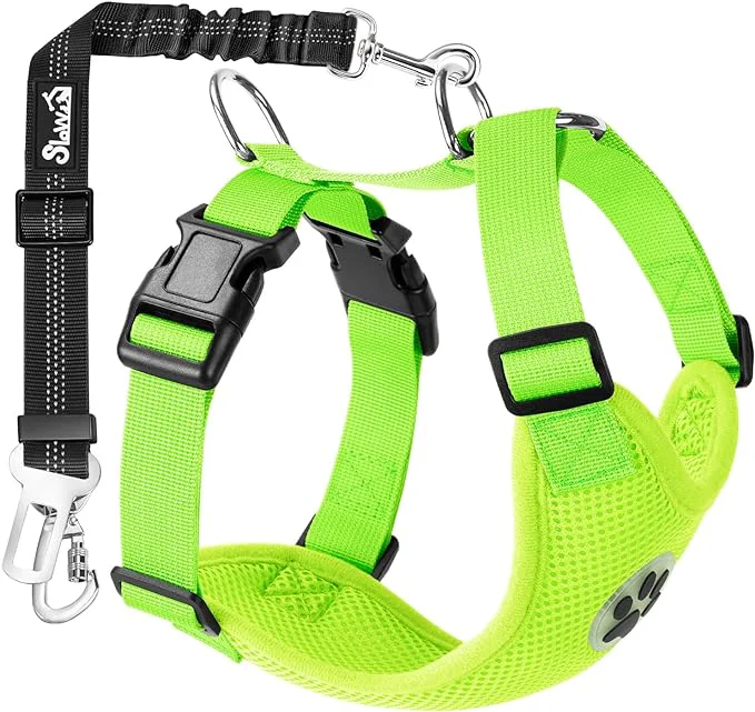 Innovative SlowTon Dog Seat Belt Harness for Car Dog Car Harness Adjustable Mesh Breathable Dog Seatbelt Safety Tether with Elastic Bungee for Small Medium Large Pets Lime Double Clip XXS About ThisOverview Organic