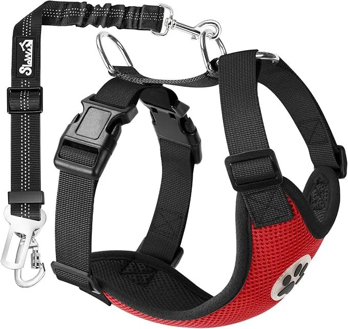 Pure SlowTon Dog Seat Belt Harness for Car Dog Car Harness Adjustable Mesh Breathable Dog Seatbelt Safety Tether with Elastic Bungee for Small Medium Large Pets Red Double Clip M About ThisOverview Premium Material