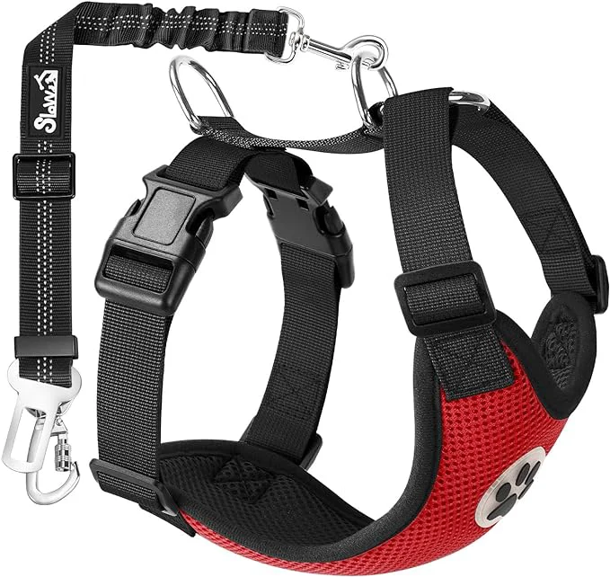 Professional SlowTon Dog Seat Belt Harness for Car Dog Car Harness Adjustable Mesh Breathable Dog Seatbelt Safety Tether with Elastic Bungee for Small Medium Large Pets Red Double Clip L About ThisOverview Contemporary