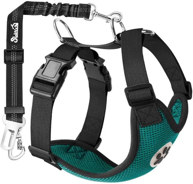 Top-Quality SlowTon Dog Seat Belt Harness for Car Dog Car Harness Adjustable Mesh Breathable Dog Seatbelt Safety Tether with Elastic Bungee for Small Medium Large Pets Green Double Clip M About ThisOverview Responsible