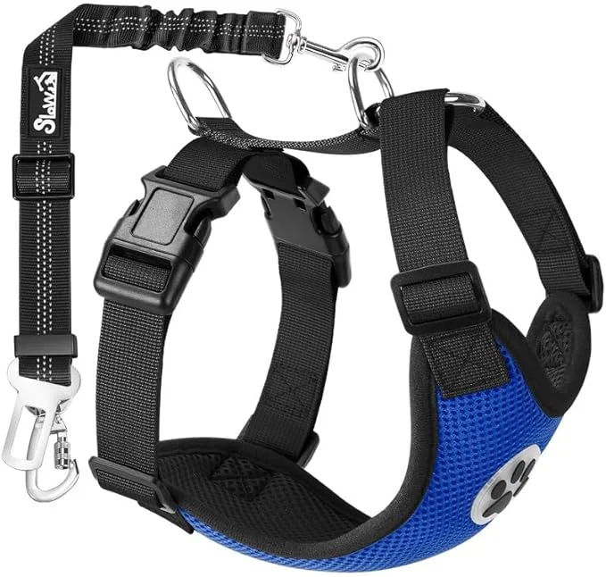 Effective SlowTon Dog Seat Belt Harness for Car Dog Car Harness Adjustable Mesh Breathable Dog Seatbelt Safety Tether with Elastic Bungee for Small Medium Large Pets Blue Double Clip XXS About ThisOverview Trendy