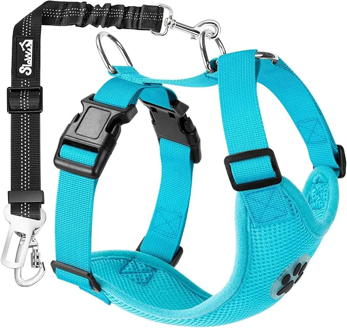 Classic SlowTon Dog Seat Belt Harness for Car Dog Car Harness Adjustable Mesh Breathable Dog Seatbelt Safety Tether with Elastic Bungee for Small Medium Large Pets Light Blue Double Clip M About ThisOverview Effective