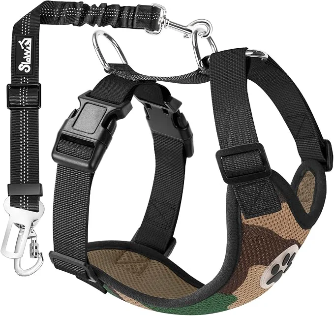 Stylish SlowTon Dog Seat Belt Harness for Car Dog Car Harness Adjustable Mesh Breathable Dog Seatbelt Safety Tether with Elastic Bungee for Small Medium Large Pets Camouflage Double Clip S About ThisOverview Detailed