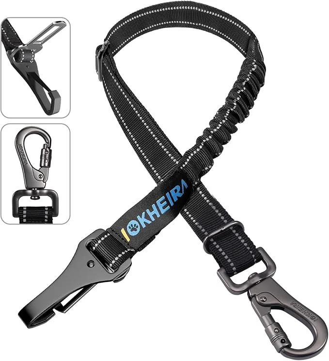 Dependable Dog Seat Belt 3-in-1 Car Harness for Dogs Adjustable Safety Seatbelt for Car Nylon Reflective Bungee Fabric Dog Car Harness with Clip Hook Latch Buckle Swivel Zinc Alloy Carabiner Black About ThisOverview Versatile