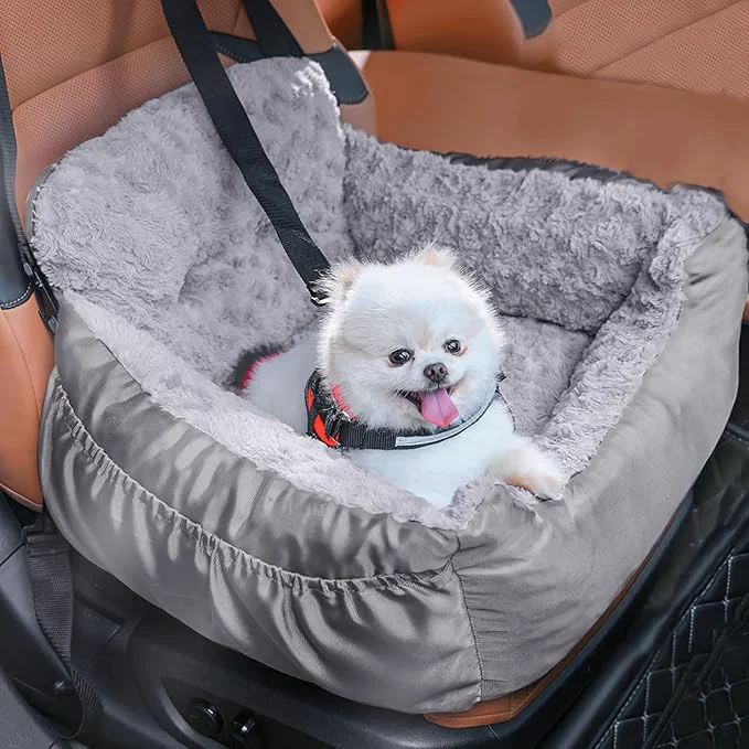 Top-Quality Small Dog Car Seat - Washable Pet Booster Seat with Clip-On Safety Leash Comfy Plush Carseat with Pockets Puppy Travel Carrier Bed for Dogs Under 25 lbs Light GreyAbout ThisOverview Soft
