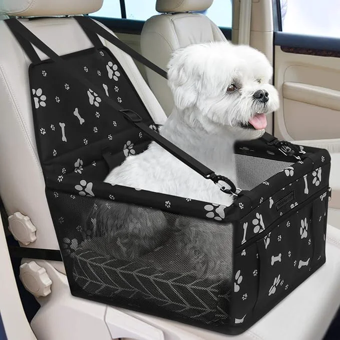World-Class PetsHome Dog Car Seat Foldable Dog Car Booster Seat Waterproof Breathable Oxford Travel Bag for Small to Medium Dogs Puppies and Pets-Pattern Black MatAbout ThisOverview Powerful