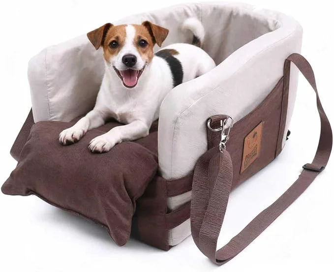 Stylish JZXOIVA Console Dog Car Seat Travel Bed for Small Medium Dogs Booster Dog Car Seat with Safety Tether Non-Slip Base Washable Cover Front or Back Seat Pet Carrier Bed BrownAbout ThisOverview Minimalist