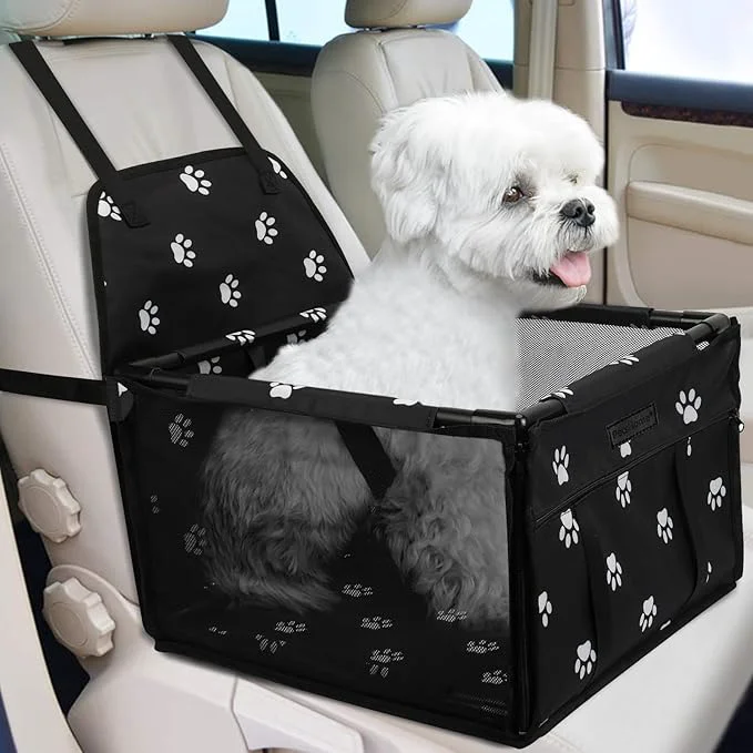Prestigious PetsHome Dog Car Seat Foldable Dog Car Booster Seat Waterproof Breathable Oxford Travel Bag for Small to Medium Dogs Puppies and Pets-Footprint Black-UpgradeAbout ThisOverview Top-Quality