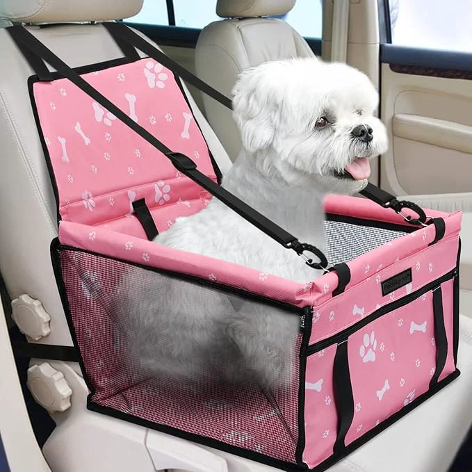 Fast PetsHome Dog Car Seat Foldable Dog Car Booster Seat Waterproof Breathable Oxford Travel Bag for Small to Medium Dogs Puppies and Pets-Pattern PinkAbout ThisOverview Relaxed