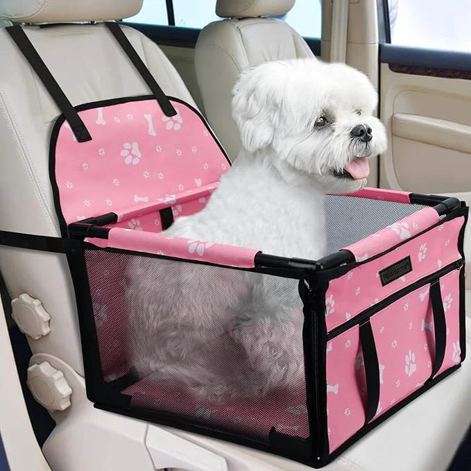 PetsHome Dog Car Seat Foldable Dog Car Booster Seat Waterproof Breathable Oxford Travel Bag for Small to Medium Dogs Puppies and Pets-Pattern Pink-UpgradeAbout ThisOverview Elite