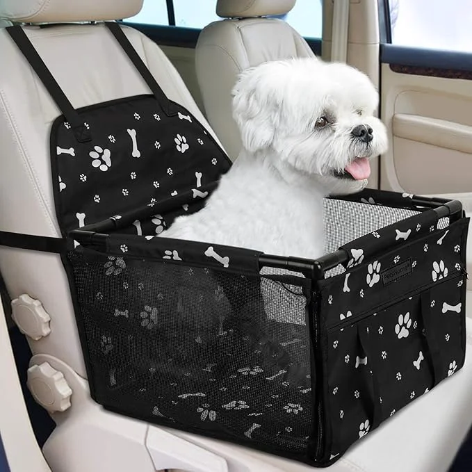 Next-Generation PetsHome Dog Car Seat Foldable Dog Car Booster Seat Waterproof Breathable Oxford Travel Bag for Small to Medium Dogs Puppies and Pets-Pattern Black-UpgradeAbout ThisOverview Proven