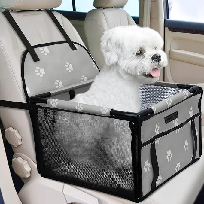 Prestigious PetsHome Dog Car Seat Foldable Dog Car Booster Seat Waterproof Breathable Oxford Travel Bag for Small to Medium Dogs Puppies and Pets-Footprint Grey-UpgradeAbout ThisOverview Unique