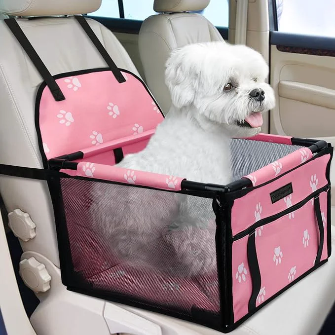 Organic PetsHome Dog Car Seat Foldable Dog Car Booster Seat Waterproof Breathable Oxford Travel Bag for Small to Medium Dogs Puppies and Pets-Footprint Pink-UpgradeAbout ThisOverview Luxury