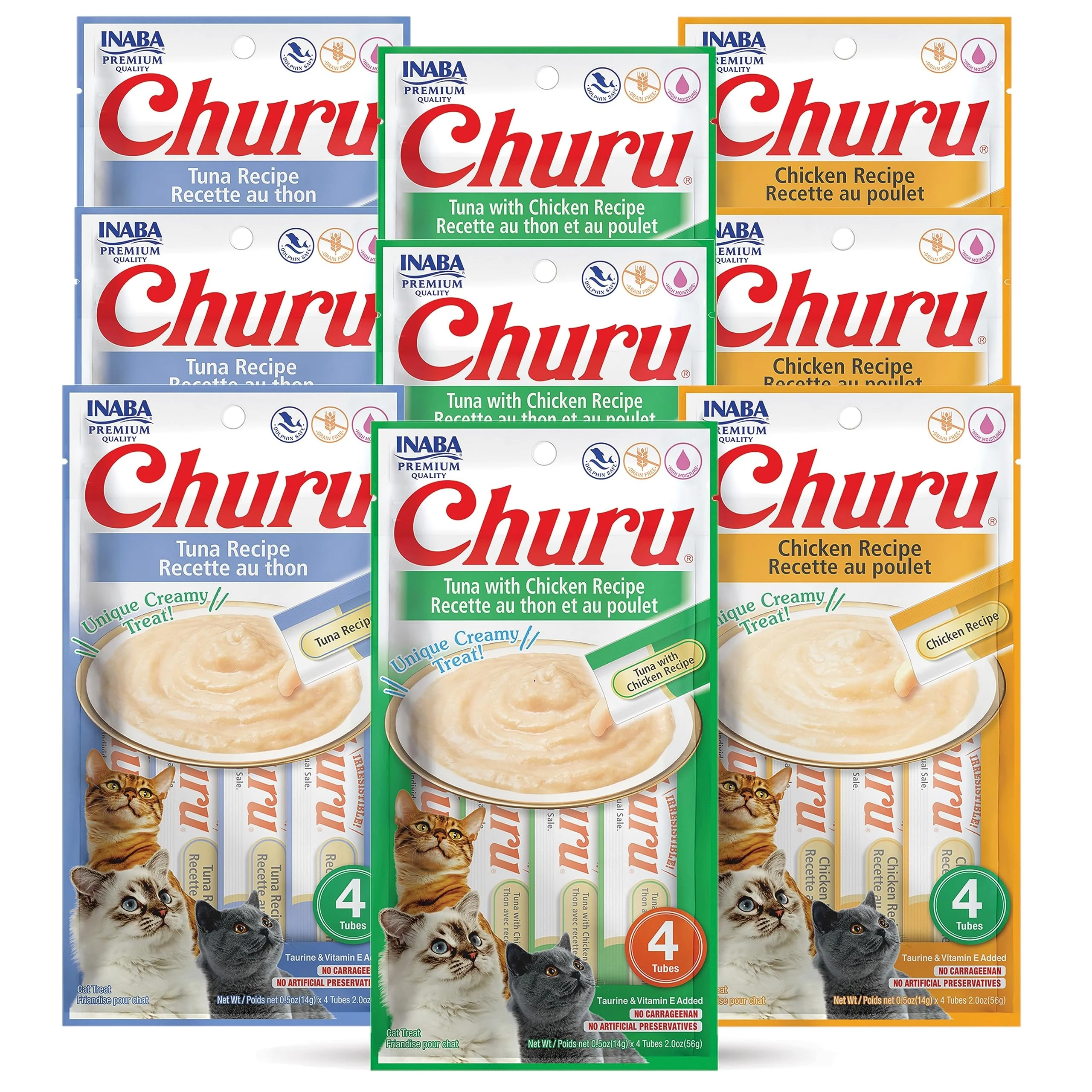 Unique INABA Churu Lickable Purée Natural Cat Treats – Tuna Chicken Variety Pack 36 Tubes High-End