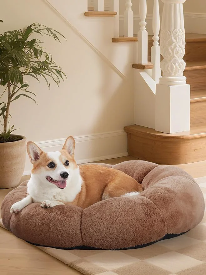 Unique OhGeni 31 inches Calming Donut Orthopedic Dog Cat Bed for Medium Pets Warming Comfort Fluffy Short Pile Fur Durable Waterproof Machine Washable Removable Cover Cute Round Bed for Puppy BrownAbout ThisOverview Prestigious