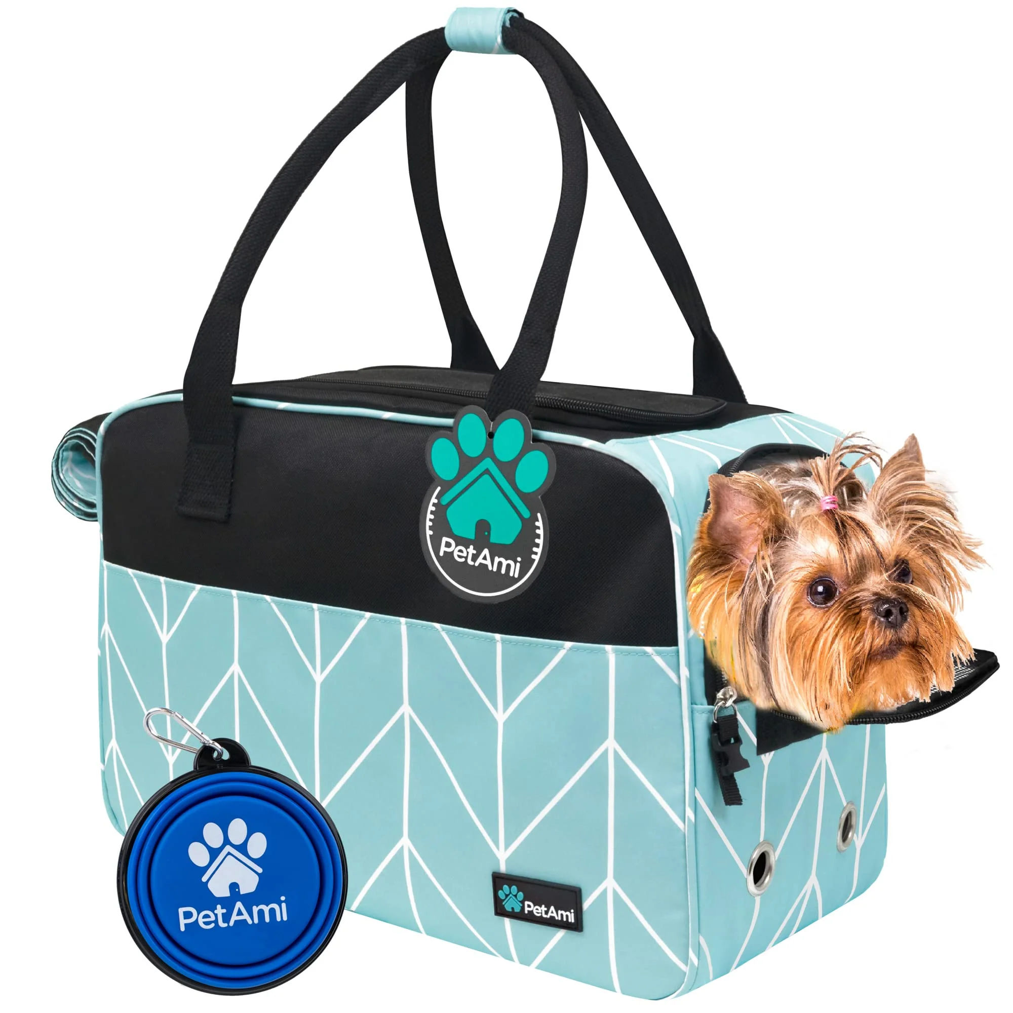 Convenient PetAmi Dog Purse Carrier for Small Dogs — Airline Soft Sided Carrier with Pockets Chevron Teal Durable