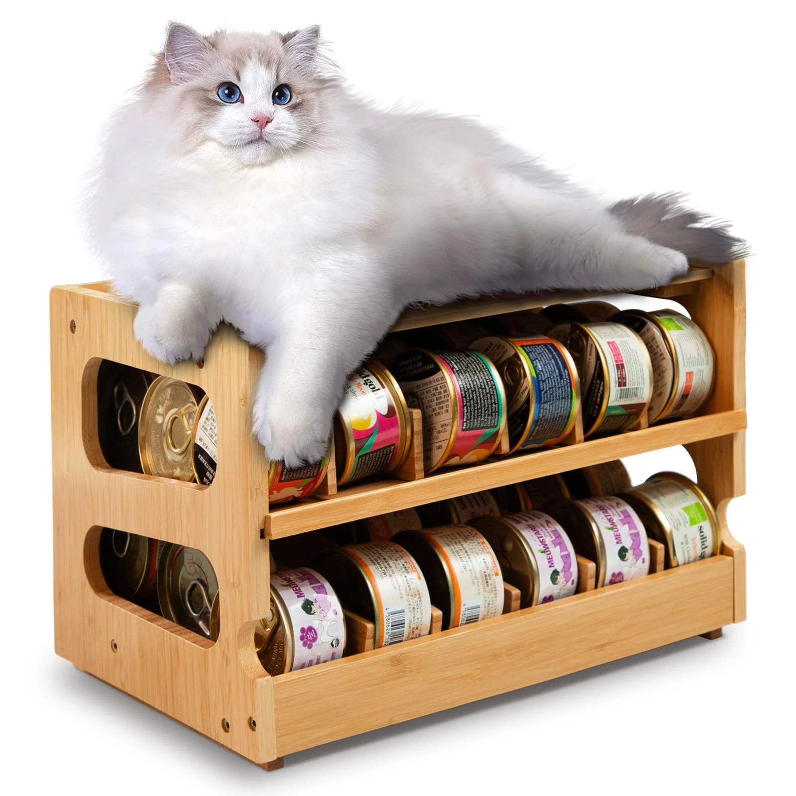 Comfortable Coanto Upgraded Cat Food Organizer – Bamboo Can Storage for 36 Cans Innovative