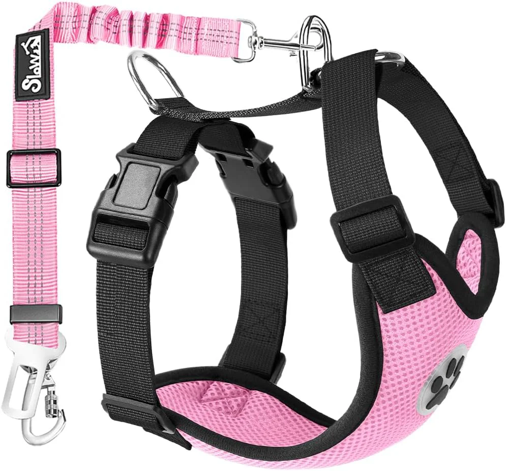 Advanced Lukovee Dog Seat Belt for Car Adjustable Dog Car Harness for Large Medium Small Dogs Soft Padded Breathable Mesh Dog Seatbelt with Car Strap and Carabiner Pink Double Clip XXX-Small