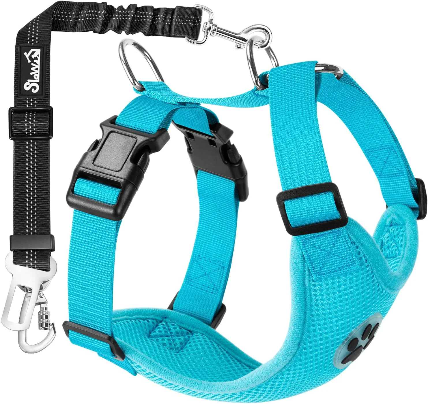 SlowTon Dog Seat Belt Harness for Car Dog Car Harness Adjustable Mesh Breathable Dog Seatbelt Safety Tether with Elastic Bungee for Small Medium Large Pets Light Blue Double Clip M First-Class