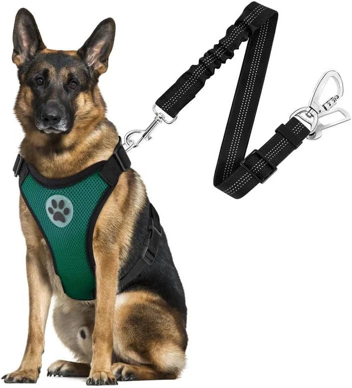Superior SlowTon Dog Seat Belt Harness for Car Dog Car Harness Adjustable Mesh Breathable Dog Seatbelt Safety Tether with Elastic Bungee for Small Medium Large Pets Green Double Clip L Verified