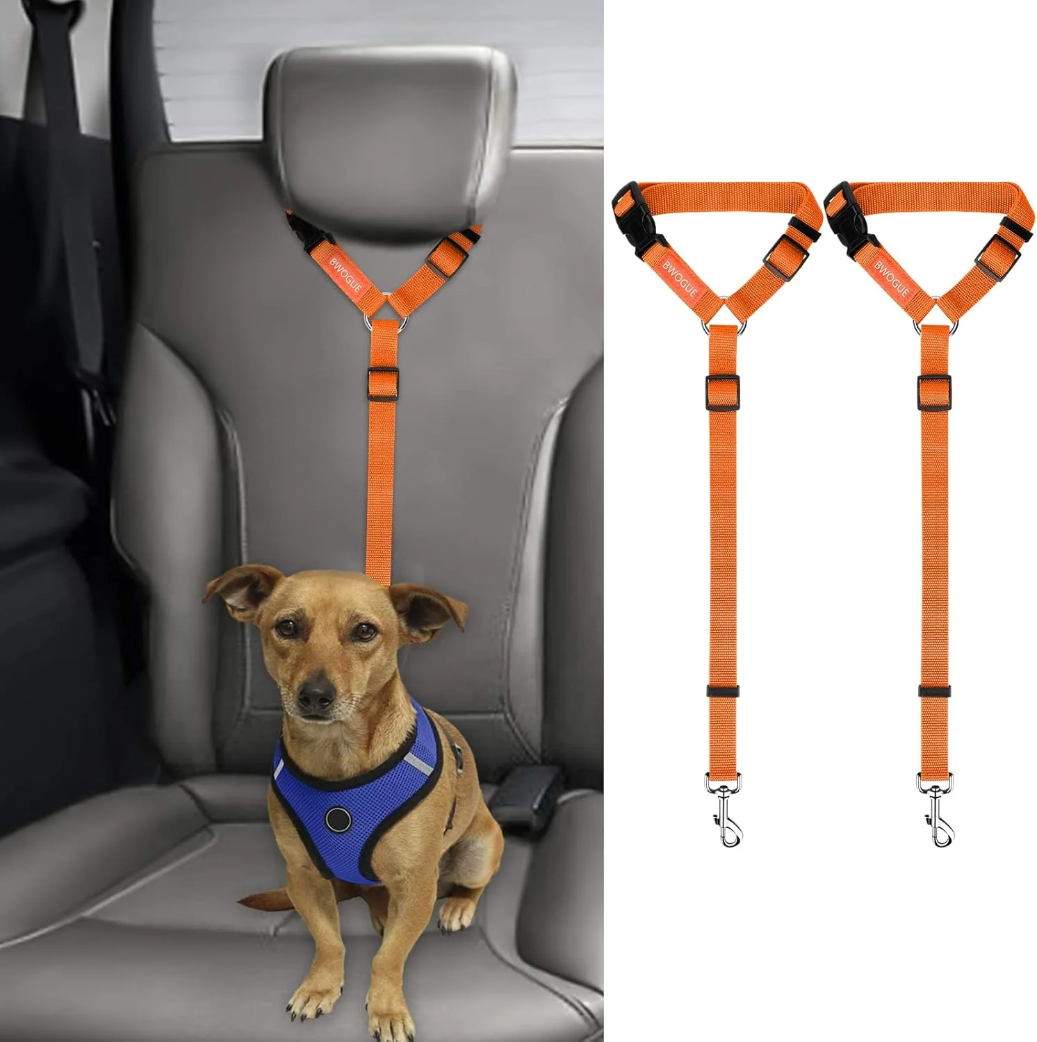 Superior BWOGUE 2 Packs Dog Cat Safety Seat Belt Strap Car Headrest Restraint Adjustable Nylon Fabric Dog Restraints Vehicle Seatbelts Harness Orange Excellent
