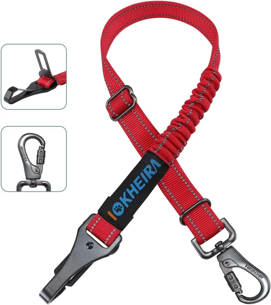 Modern IOKHEIRA Dog Seat Belt 3-in-1 Car Harness for Dogs Adjustable Safety Seatbelt for Car Durable Nylon Reflective Bungee Fabric Tether with Clip Hook Latch Buckle Swivel Zinc Alloy Carabiner Red Trendy