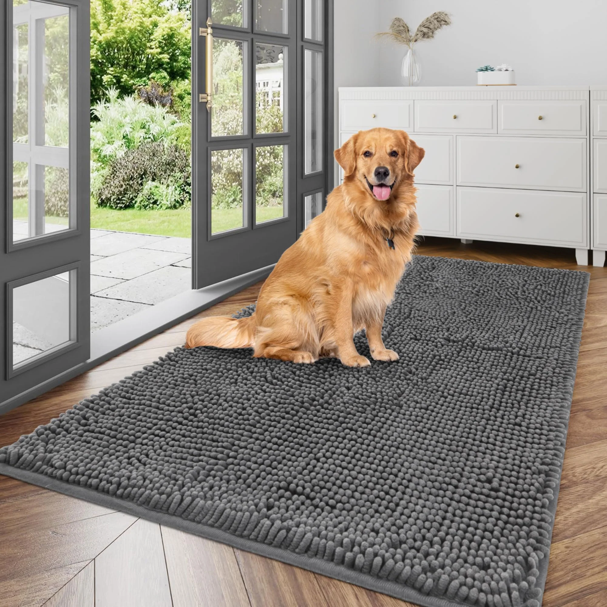 Relaxed Cybstrax Ultra Absorbent Dog Door Mat – 48 x 24 Chenille Mud Mat Non-Slip Machine Washable Dark Grey Pure