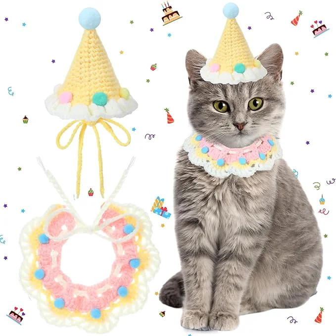 Stylish Sanwuta 2 Pcs Cat Birthday Party Supplies Knit Cat Hat Kitten Birthday Bib Top-Quality