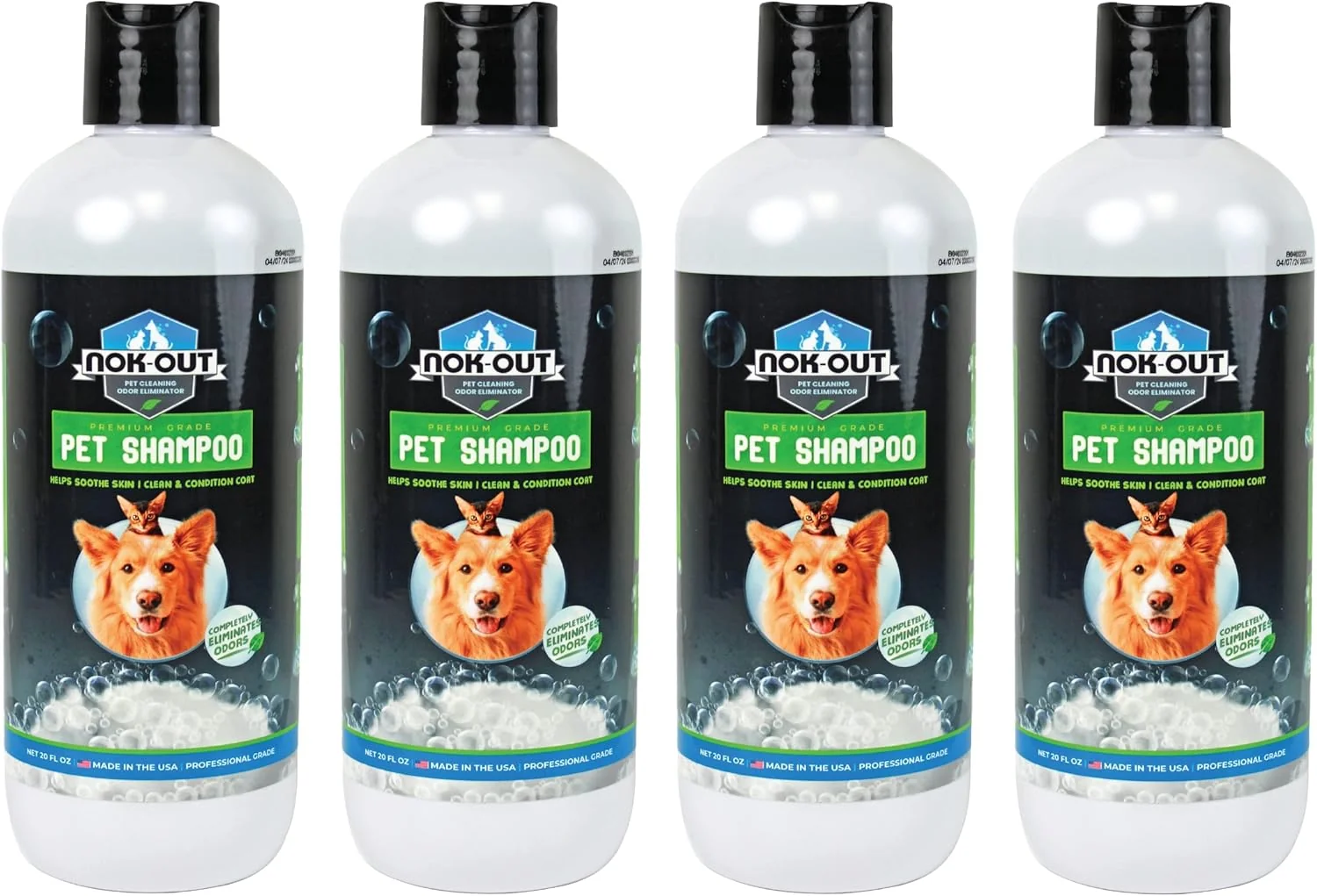 Verified NOK OUT Premium Grade Pet Shampoo for Dogs and Cats Veterinary Strength and Odor Eliminator Formula Made in the USA 20 Ounce Bottle 4-Pack High-Grade