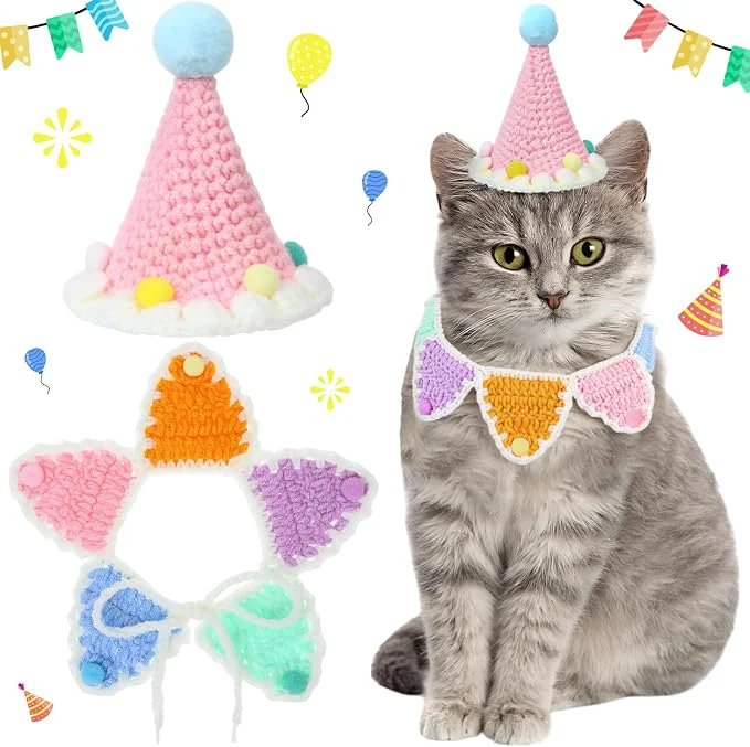 Top-Quality Sanwuta 2 Pcs Cat Birthday Party Supplies Knit Cat Hat Kitten Birthday Bib Functional