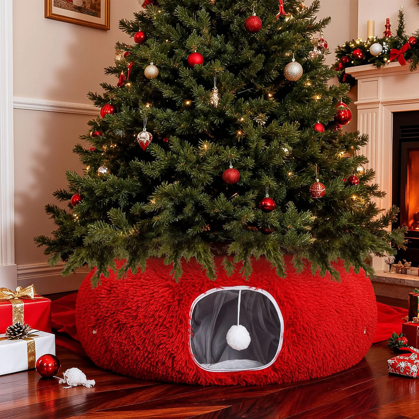 Crafted SilTriangle Cat Tunnel Christmas Tree Skirt – 36-inch Plush Donut Bed Red High-Quality