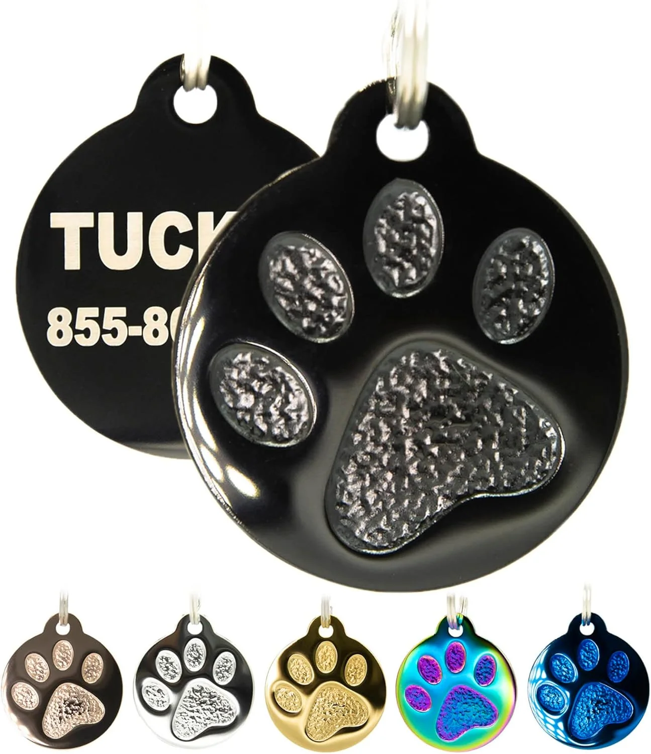 Fashionable Engraved Pet Tag for Dogs and Cats - Personalized Front Back up to 4 Lines of Text Custom Engraved ID Round Paw Print Solid Plating Stainless Steel Black Small Exclusive