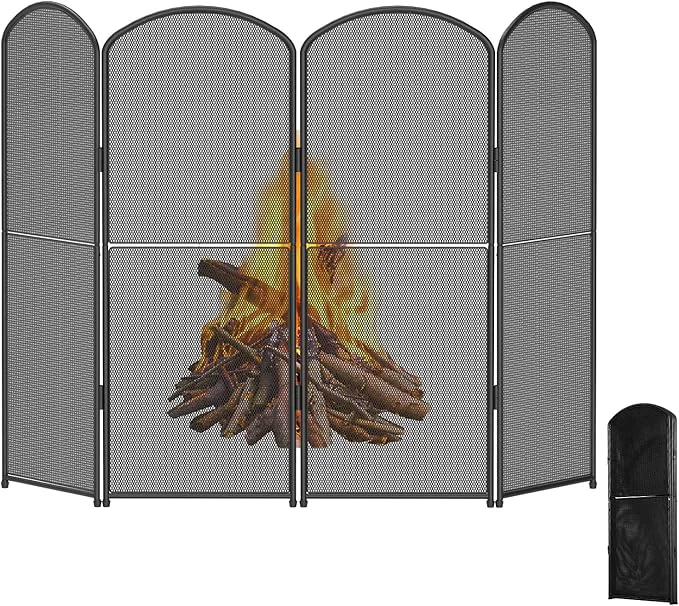 High-Quality 4-Panel Fireplace Screen 47.8 W x 31 H Foldable Wrought Iron Fire Spark Guard Decorative Metal Mesh Fireplace Cover for Living Room Fire Cover for Baby Pet Proof Safety Gate BlackAbout ThisOverview Comfortable